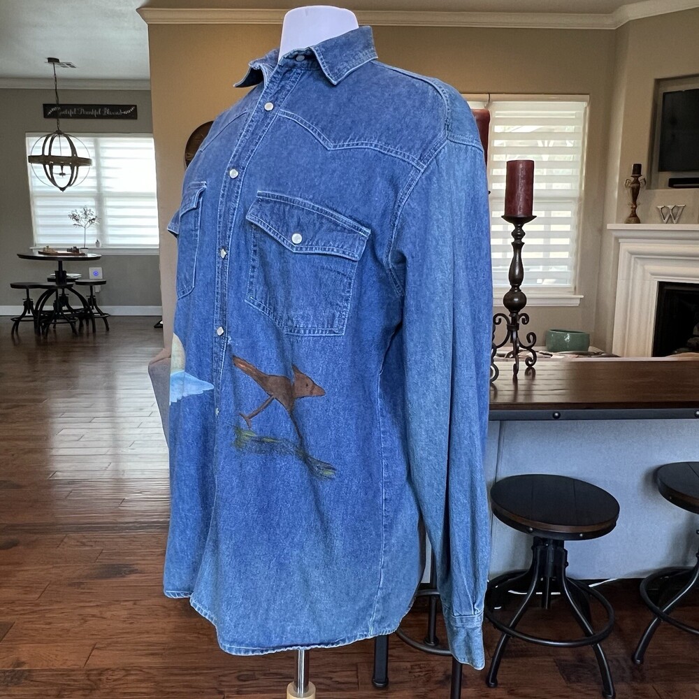VTG Sunbelt Denim Pearl Snap Western Shirt M Hand Painted Roadrunner Shacket - Picture 6 of 16